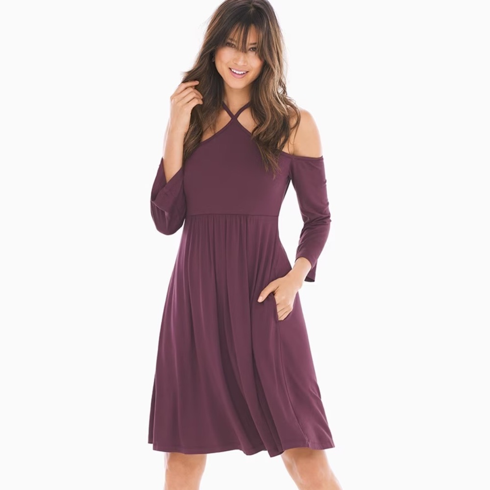 Soma Dress Y-Neck Cold Shoulder Burgundy Soft Knit Womens L Cozy Casual Sleep